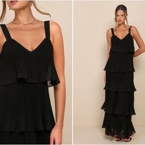 LULU's Prom Wedding Bridesmaid Pleated Tiered Ruffles Boho Black Maxi Dress